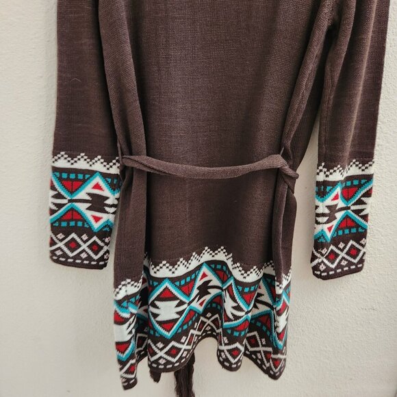 Pink Cattlelac Women Brown Open Long Sleeve Belted Western Cardigan Sweater sz S - Picture 5 of 10